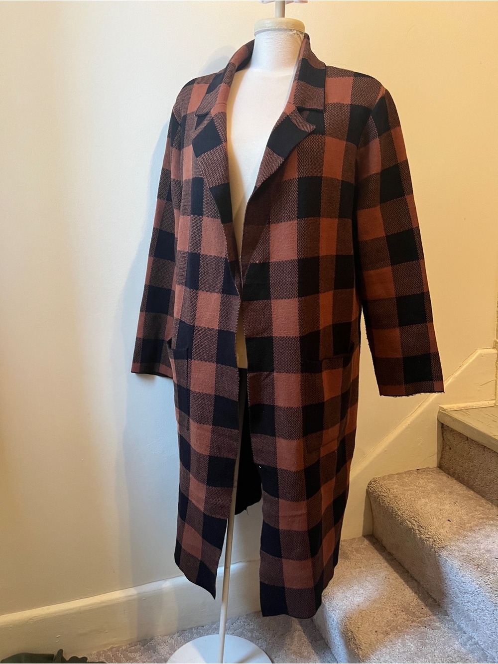 kathy ireland Brown and Black Plaid Long Open-Front Coatigan
